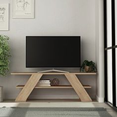 a flat screen tv sitting on top of a wooden stand next to a potted plant