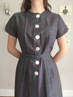 Vintage 50s Red And Green Windowpane Plaid Button Up Midi | Etsy Fitted Plaid Dress With Buttons For Fall, Classic Fitted Plaid Dress With Short Sleeves, Fitted Classic Plaid Dress With Short Sleeves, Fitted Plaid Dress With Buttons And Short Sleeves, Fitted Plaid Dress With Short Sleeves And Buttons, Classic Fitted Plaid Dress, Fitted Plaid Dress With Buttons, Classic Fitted Plaid Dress With Buttons, Classic Plaid Dress With Buttons