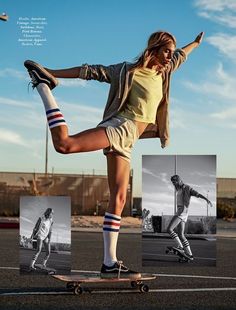 a woman riding a skateboard across a parking lot