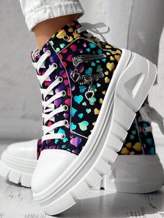 Women's Heart Pattern Thick Sole Casual Sneakers, New Zipper Lace Up Round Toe Skateboard Shoes For Back To School, Saw-Tooth Comfy Sole Large Size Female Shoes Multicolor     Letter    Women Shoes, size features are:Bust: ,Length: ,Sleeve Length: Shoes For Back To School, Female Shoes, Hair Accessories Boho, Skateboard Shoes, Wedge Sneakers, Heart Pattern, Womens Wedges, Kids Beachwear, Heart Patterns