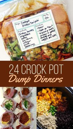 four different pictures with the words 24 crock pot dump dinners on them and an image of