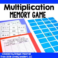 a blue and white poster with the words,'multiplication memory game '