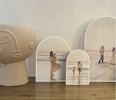 three photos are placed next to each other on a table with a vase and two pictures