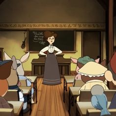 a woman standing in front of a class room full of cartoon character sitting at desks