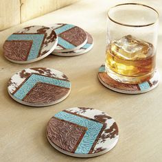 Exclusive Item - Backed with cork, these stone coasters not only protect your surfaces, but also add a touch of western charm to your drinkware presentation. Made in the USA. 4"Dia. each.