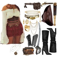 an assortment of costume and accessories including boots, chains, gloves, belt, purse