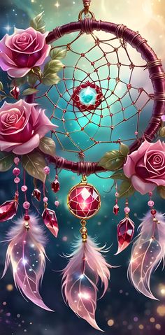 a pink rose dream catcher with feathers and jewels on the blue sky background, surrounded by stars