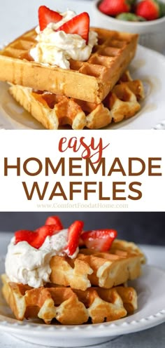 waffles with whipped cream and strawberries on top are shown in this collage