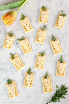 crackers with cheese and dill on them are arranged in the shape of an easter appetizer