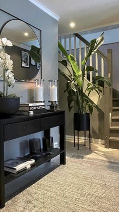 a living room with a plant and mirror on the wall