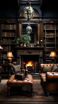 a living room filled with furniture and a fire place in the middle of a room