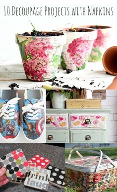 the collage shows different types of flower pots with napkins and shoes on them