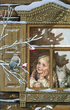 . Štědrý Den, Japan Illustration, Looking Out The Window, Illustration Vintage, Vintage Christmas Cards, Christmas Illustration, Mail Art