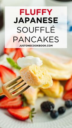 a fork with some food on it and the words fluffy japanese souffle pancakes