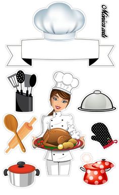 a woman chef holding a turkey on a platter with various cooking utensils