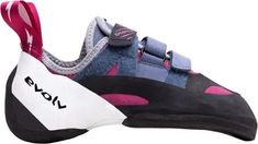 a pair of climbing shoes with blue and pink accents