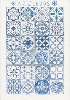 a blue and white tile pattern with the words az uetos written on it