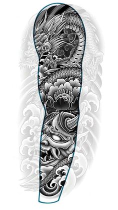 an artistic tattoo design with dragon and waves on the back of a leg, in black and white