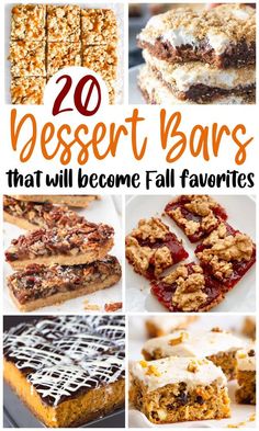 dessert bars that will become fall favorites with text overlay saying, 20 dessert bars that will become fall favorites