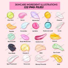 SKINCARE INGREDIENT Bundle Comes with TRANSPARENT BACKGROUND which can be used to make your own Instagram post/charts and for marketing purpose. You are not allowed to resell any of my graphics Skincare Graphics, Make Your Own Skincare, Skincare Illustration, Aloe Vera Serum, Make Up Brand, Pen Illustration, Azelaic Acid, Benzoyl Peroxide, Oil Cleanser