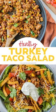 healthy turkey taco salad in a skillet with dressing and sour cream on the side