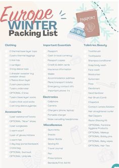 the europe winter packing list is shown