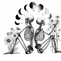 two skeletons sitting next to each other in front of the moon phases with sunflowers