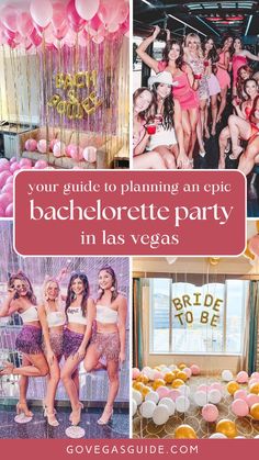 bachelor party in las vegas with pink and gold balloons, bride to be signs, and photos