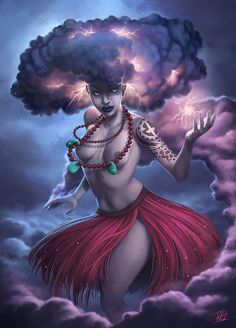 a painting of a woman in the clouds with lightning coming out of her head and hands