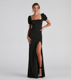 Fall Wedding Guest Dress Edgy, Formal Sleeve Dresses, Formal Dresses Long With Sleeves Maxi, Formal Dresses With Sleeves Long, Black Sleeved Bridesmaid Dresses, Formal Puff Sleeve Dress, Satin Dresses Formal Long Sleeve, Silk Prom Dress With Sleeves, Denali Formal Puff Sleeve Long Dress