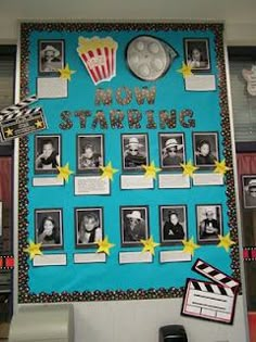 a bulletin board with pictures and movie stars on it that says show starting in front of them