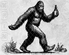 a drawing of a bigfoot holding a beer bottle