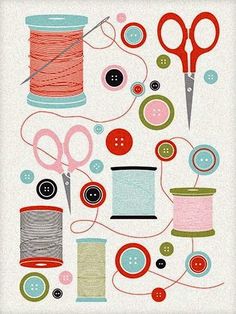 an image of sewing supplies with scissors and thread on white paper background poster by setsof studio