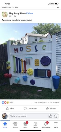 the facebook page for play party plan follow shows an outdoor music area with various items on it