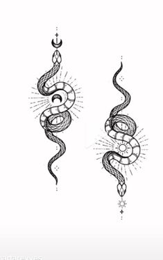 two snake tattoos on one side and the other is drawn in black ink, with an arrow