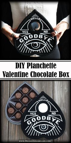 the diy planchette valentine's chocolate box is shown in three different pictures