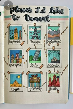 an open notebook with travel pictures on it and markers in front of the page that says places i'd like to travel