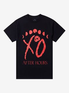 Get ready to vibe with The Weeknd in this After Hours (2020) tee! Featuring a bold red "XO" graphic with a skull and moon phases  this shirt captures the haunting aesthetic of the smash album. The deep black background makes the design pop.100% cottonWash cold; dry lowImportedListed in men'sunisex sizes Red Alternative Style Graphic T-shirt, Haunting Aesthetic, The Weeknd After Hours, Weeknd After Hours, Pop 100, Hip Hop Tee, Location Icon, The Haunting, Music Tees