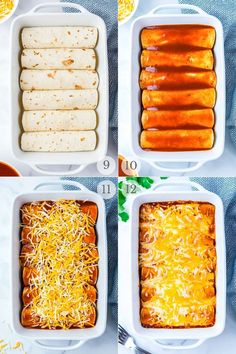 four images showing how to make mexican enchiladas in the oven, including cheese and tortilla bread