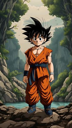 a young gohan standing in front of some rocks