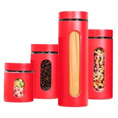 three red canisters filled with food and cereal