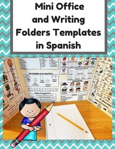 the mini office and writing folders that are in spanish with an image of a boy holding