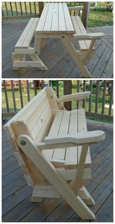 a wooden chair sitting on top of a wooden deck