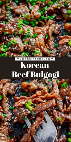 korean beef bulgogi with green onions and sesame seeds in a skillet