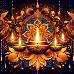 three candles are lit in front of an intricately designed design on a dark background