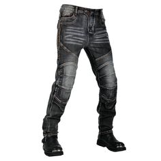 Designed for the ultimate protection on the road, our Men's Motorcycle Kevlar Tear-Resistant Denim Jeans are made with stretchable polyester and cotton fabrics, woven with stretch denim that provides superior tear-resistance. Stay safe and stylish with these jeans that offer both functionality and fashion. CE Certified Knee Outer Thigh Protective Pads ⇨ The knee and outer thigh pads are detachable and easy to mount. Insert them into their special pockets for added protection on the road. Reinfor Outer Thigh, Motorcycle Jeans, Motorcycle Pants, Jeans Collection, Retro Men, Cotton Fabrics, Active Lifestyle, Stay Safe, Lower Back