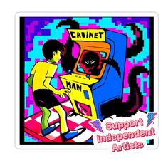 a sticker with an image of two people playing the video game canet man