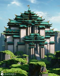 Minecraft build of a Chinese castle, with a prismarine roof, surrounded by steep mountainous terrain. Chinese Castle, Mega Base, Minecraft Light, Minecraft Building Blueprints, Minecraft Modern, Japanese Castle