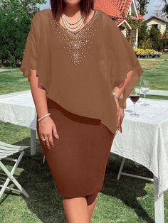 Plus Size Sequin Embellished V-Neck Short Sleeve Knitted Chiffon Patchwork Bodycon Mini Dress Chocolate Brown Casual  Short Sleeve Knitted Fabric Plain,All Over Print Fitted High Stretch  Women Plus Clothing, size features are:Bust: ,Length: ,Sleeve Length: Pink Plus Size Dresses, Brown Cocktail Dress, Cocktail Midi Dress, Plus Size Summer Casual, Plus Size Sequin, Midi Cocktail Dress, Plus Size Summer, Retro Women, Inspiration Mode