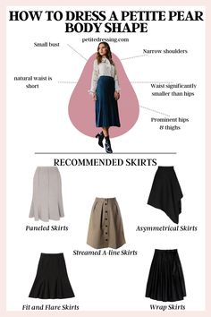 Streamlined A-line Skirts Short Torso Pear Shape Outfits, Pear Silhouette Outfit, Petite Pear Shaped Body Outfits, Best Skirts For Pear Shape, Skirt For Pear Shape Body Types, Pear Shaped Outfits Winter, Short Pear Shaped Outfits, Skirt For Pear Shape, Petite Body Outfits